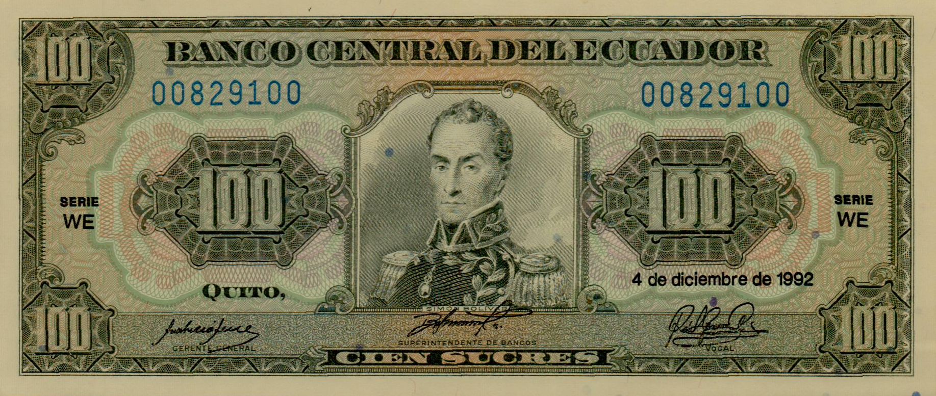 Ecuador 100 1992 UNC P-123A/b1992-WE